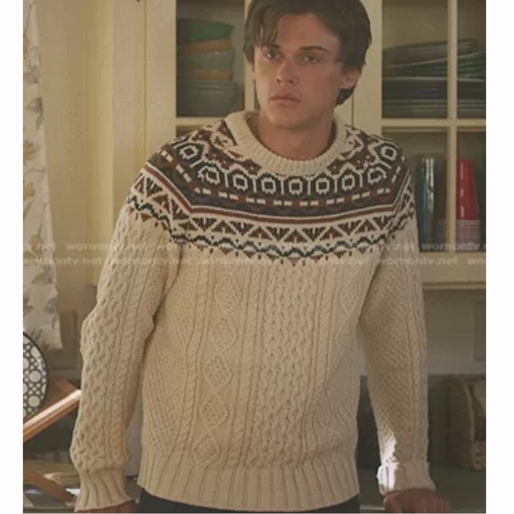 L.L. Bean Men's Fair Isle Cream and Brown Patterned Crewneck Sweater